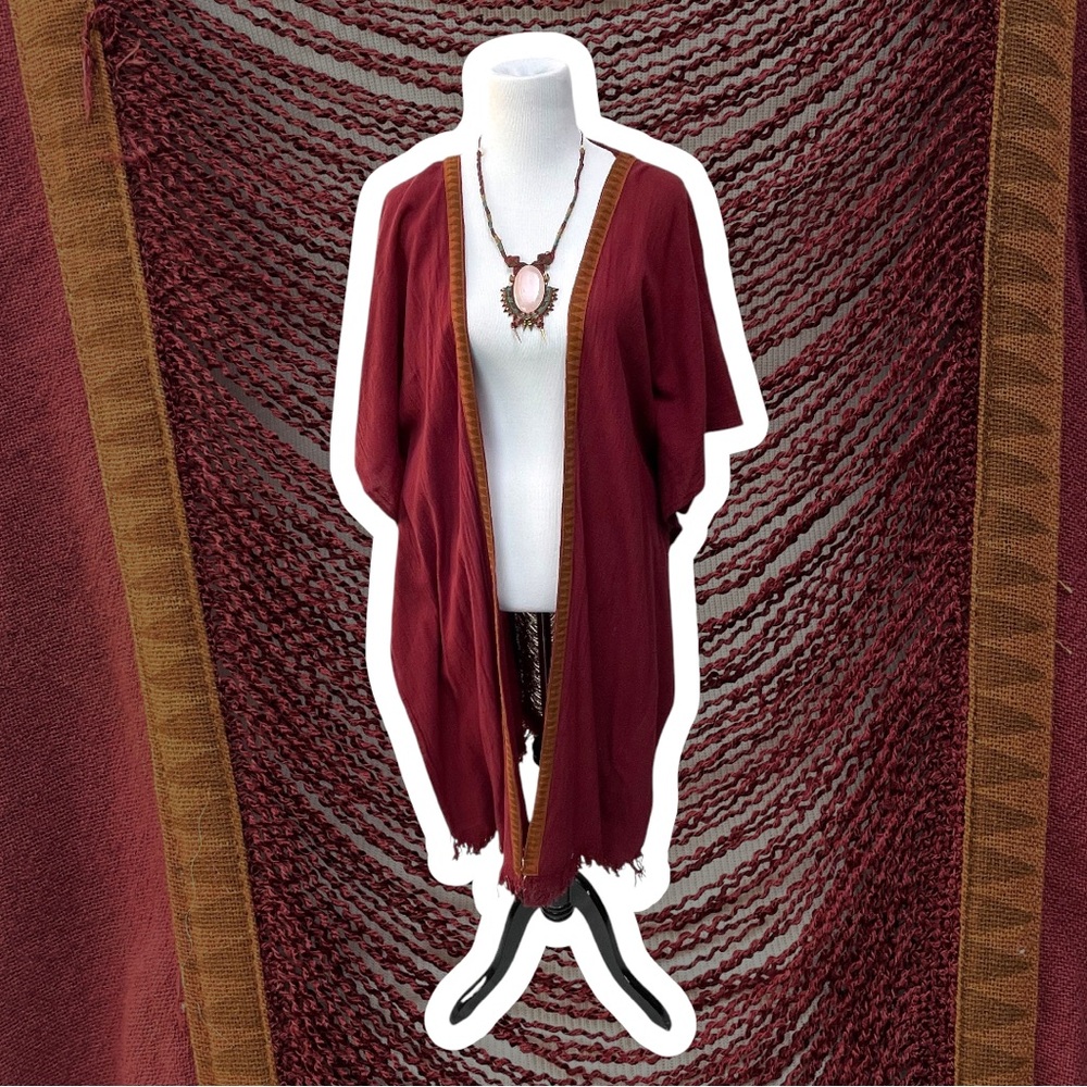 Wikandah Women’s Open-Front Burgundy Shawl Duster with Contrast Trim